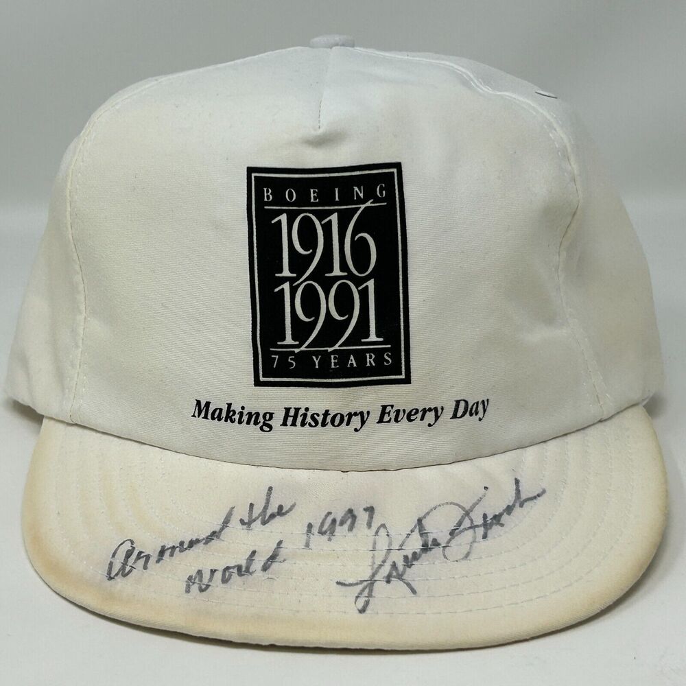 Vintage 90s Pilot Linda Finch Signed Hat Baseball Cap Boeing White Snapback USA